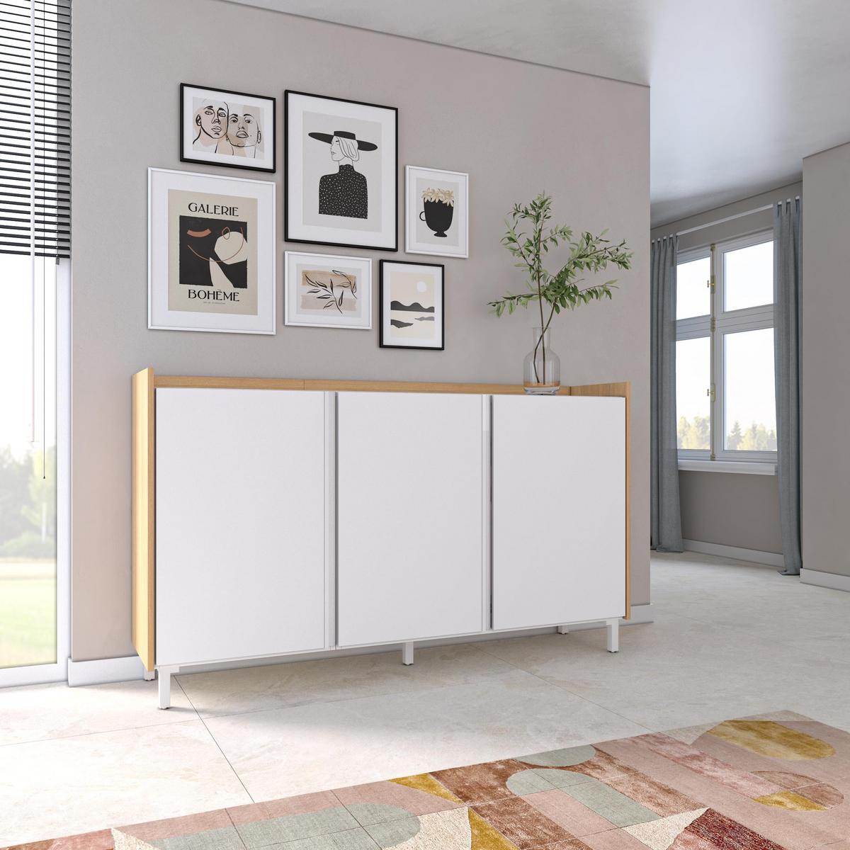 SIDEBOARD, Weiß und Eiche, 156/35/91cm, mit Beinen - Weiß, Holzwerkstoff (156/91/35cm) - Skraut Home