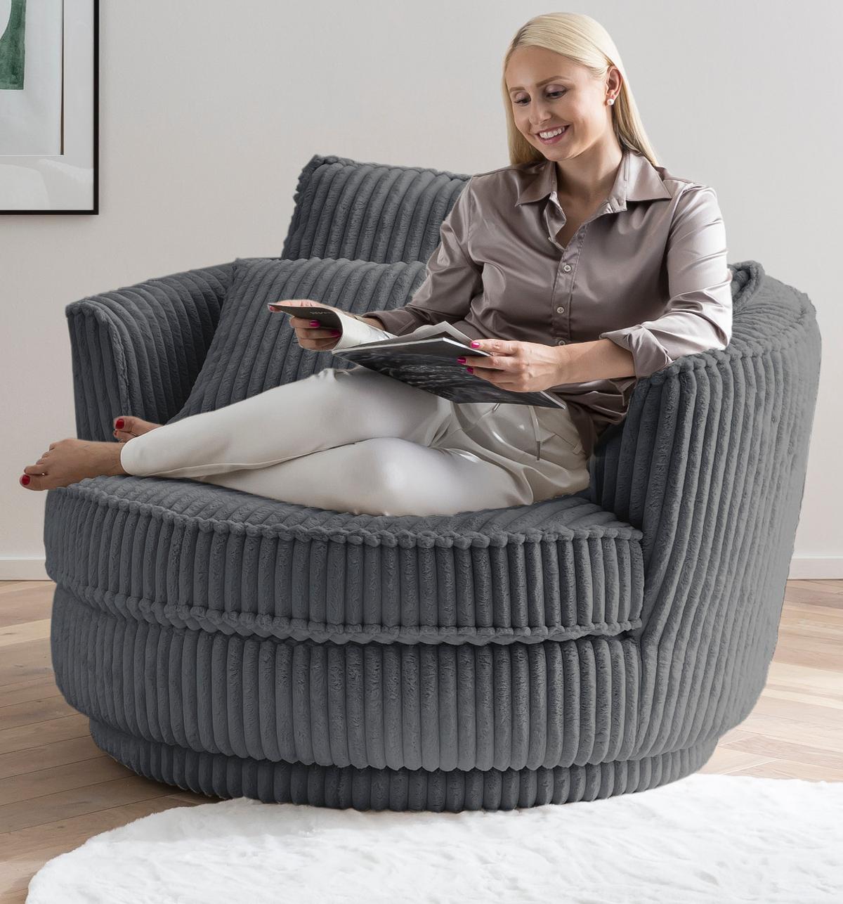 BIG-SESSEL Relaxsessel Mega Cord grau Ø 120 cm 360° drehbar, inklusive 3x Kissen - Grau, Holz/Textil (120/86/120cm) - Furn.Design