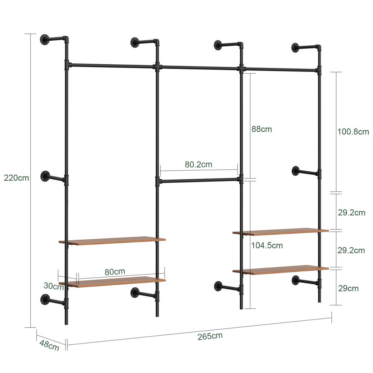 KLEIDERSTANGE mit 4 Regalböden, 120kg Tragkraft, 265x48x220cm - Schwarz, Metall (265/220/48cm) - SoBuy