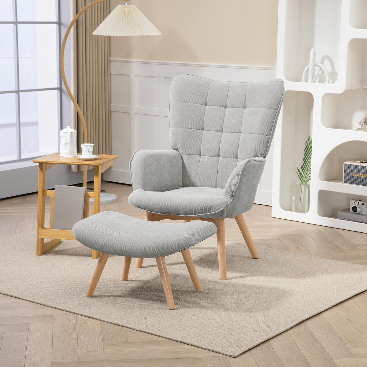 OHRENSESSEL mit Hocker, Relaxsessel, Polstersessel in Cord-Optik, mit Holzbeine - Naturfarben/Grau, Holz/Buchenholz (72/101/80cm) - HOMCOM