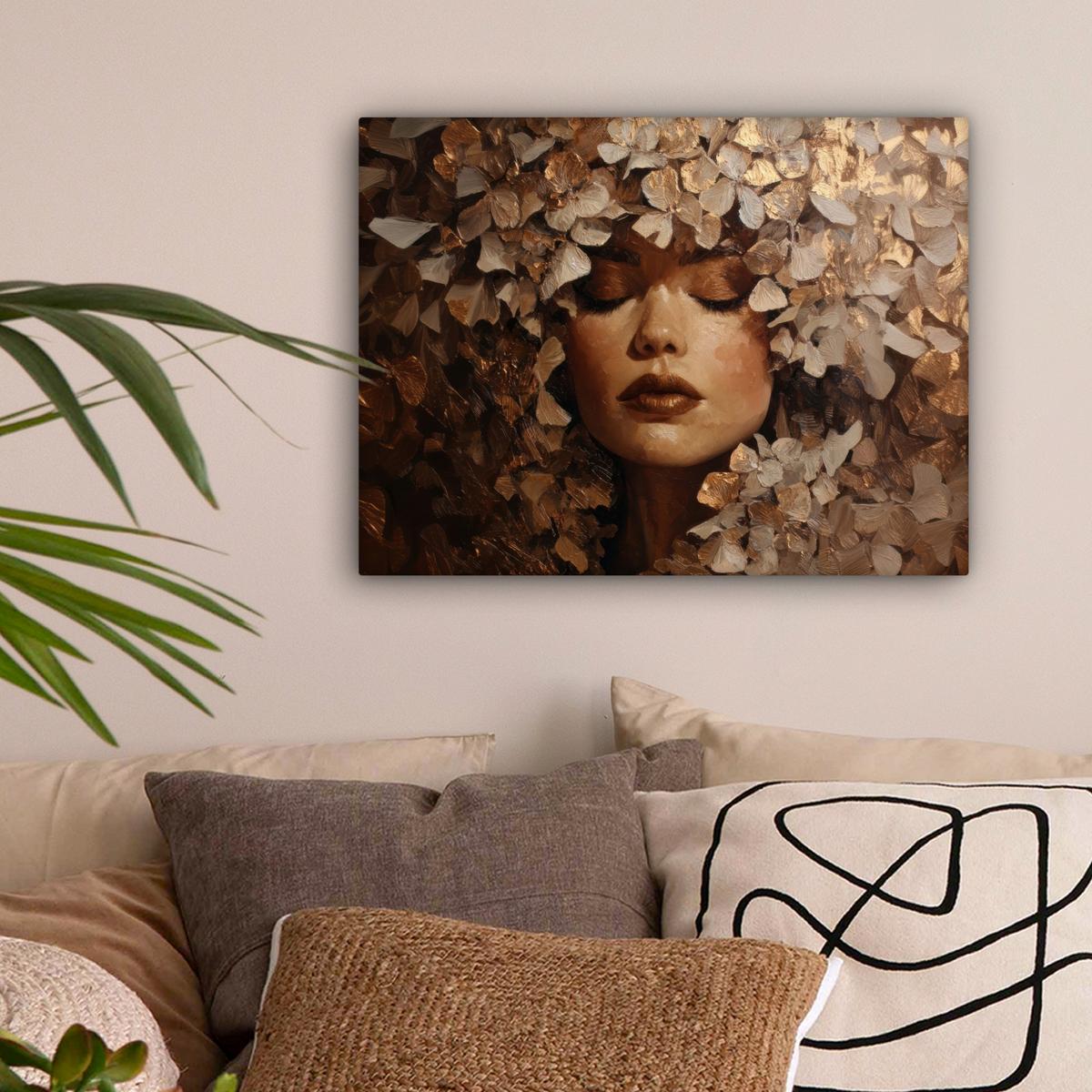 LEINWANDBILD Gesicht - Dame - Blätter - Pinselstriche Wandbild 40x30 cm - Goldfarben, Textil (40/30cm) - MuchoWow
