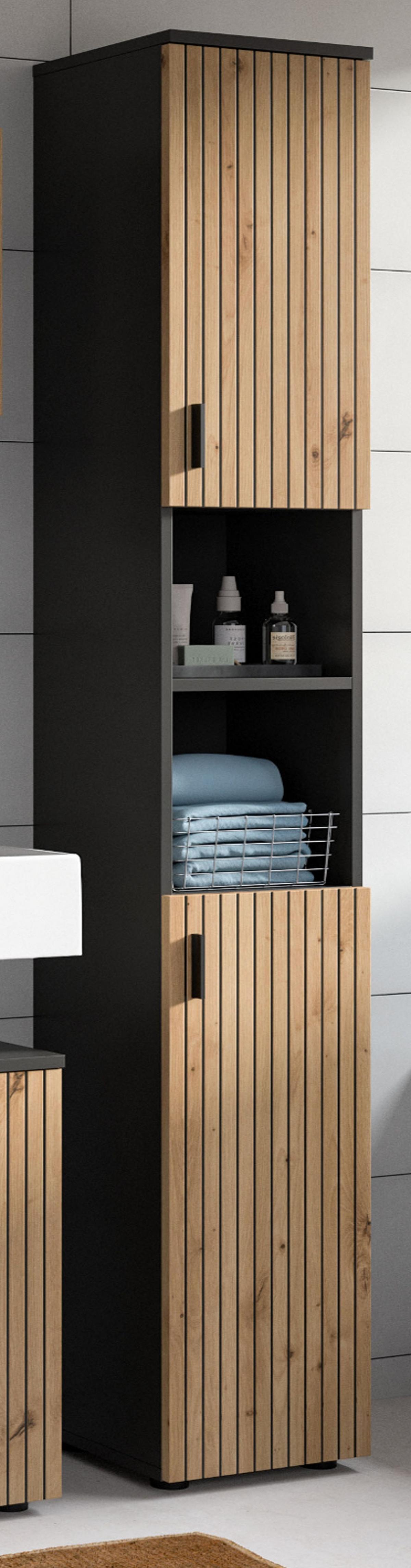 HOCHSCHRANK Eiche Artisan, grau 30 x 192 cm, Badschrank mit 6 Fächern - Schwarz/Eiche Artisan, Holzwerkstoff/Kunststoff (30/192/30cm) - Inn.Furn