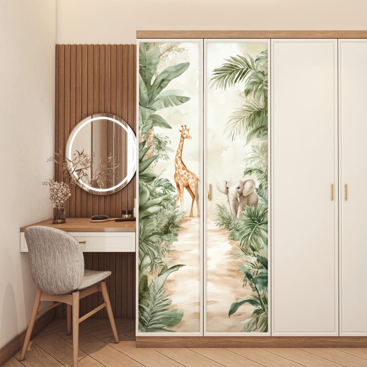 TÜRAUFKLEBER Dschungel - Giraffe - Elefant - Grün - Natur Room Decor 85x205 cm - Türtapete - Eukalyptusholzfarben, Kunststoff (85/0.1cm) - MuchoWow