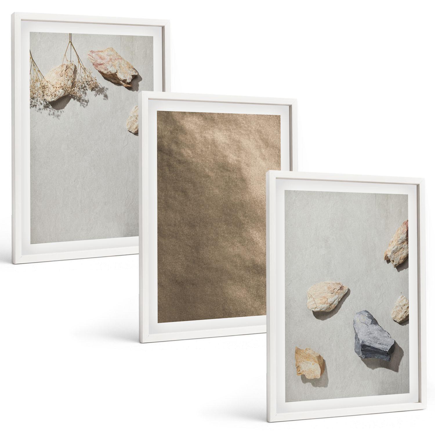 BILDER SET 3er Set - 40x60 cm Weißer Rahmen - Steine Strand natürliche Strukturen - Weiß, Kunststoff (40/60cm) - TULUP