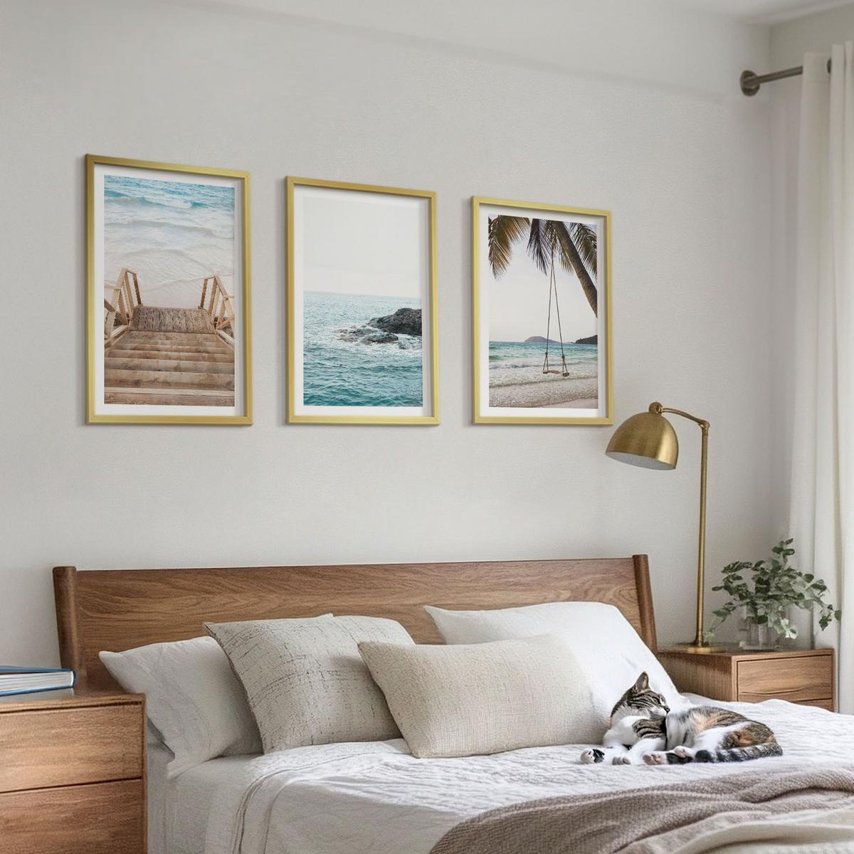 BILDER SET 3er Set - 40x60 cm Goldrahmen - Treppe Strand Meer Schaukel - Goldfarben, Kunststoff (40/60cm) - TULUP