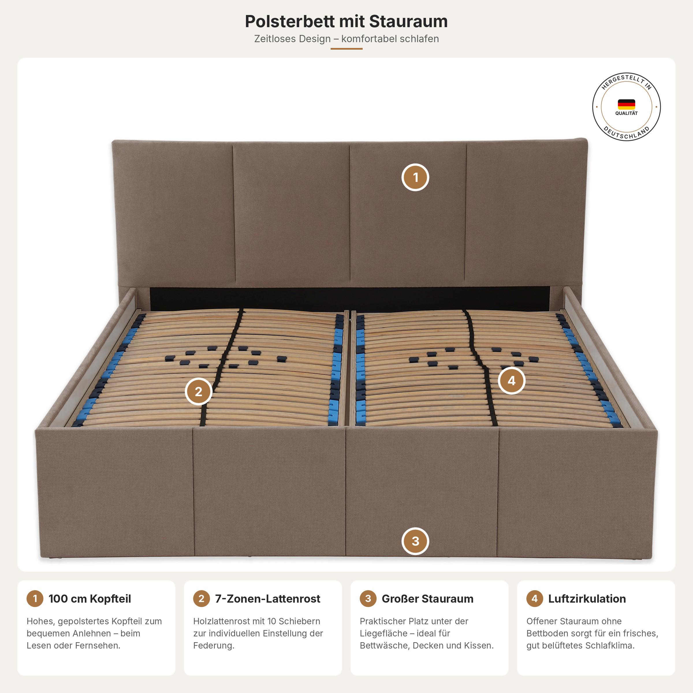 POLSTERBETT Dalas Sahara 180 x 200 x 40 cm Stauraum Mit hochwertiger Matratze H3 (bis 120 kg) und Lattenrost - Sahara, Holz (180/200cm) - Halmon Schlafkomfort Betten 