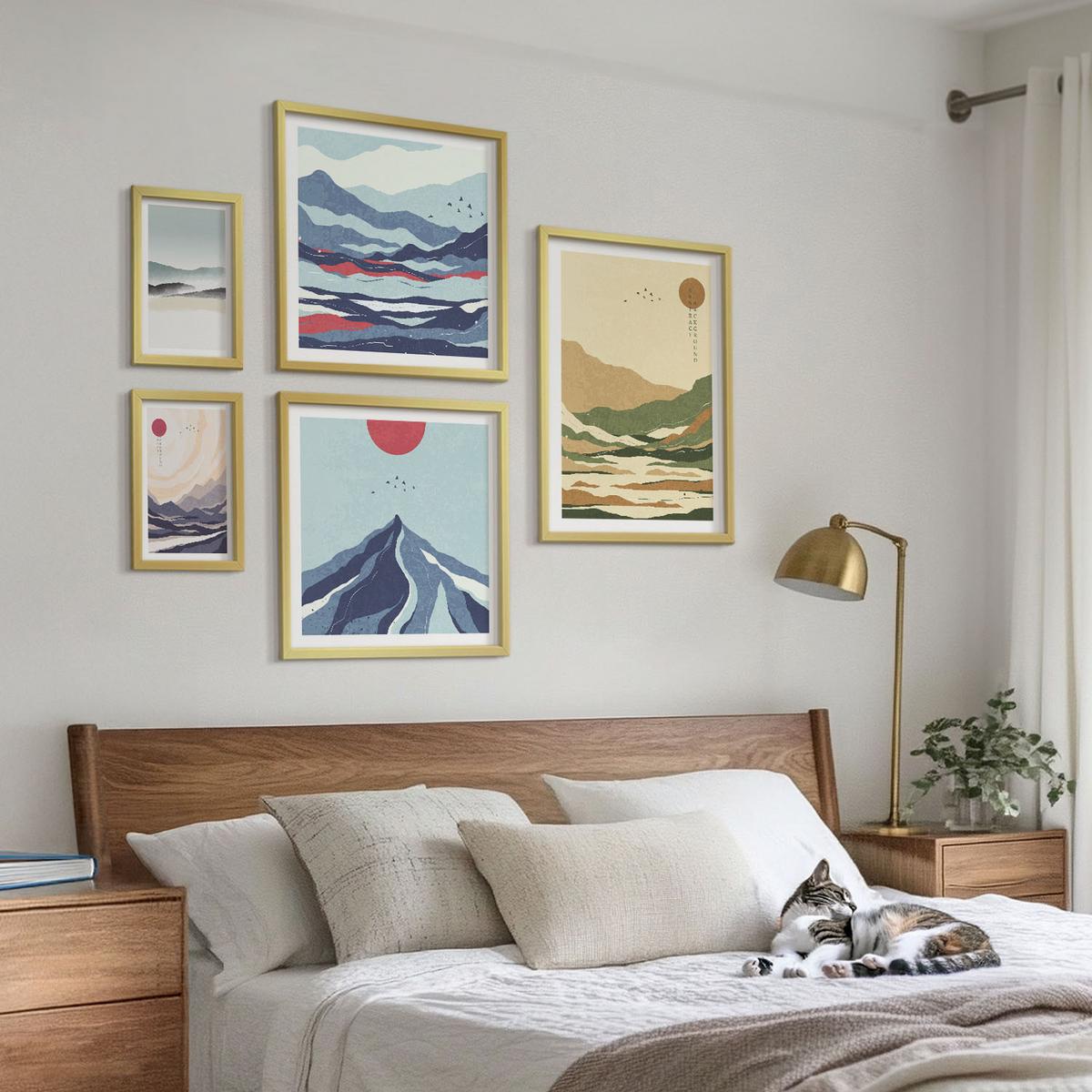 BILDER SET 5er Set - 50x50 cm & 20x30 cm & 40x60 cm Goldrahmen - Berge minimalistische Pastellfarben - Goldfarben, Kunststoff (40/60cm) - TULUP