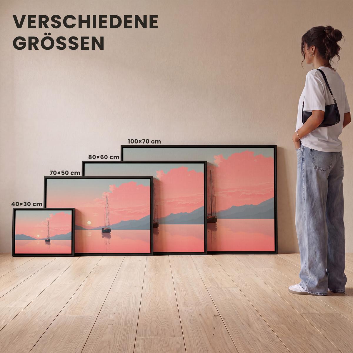 LEINWAND Bilder mit Rahmen - Segelboot - Rosa Meer - Sonnenuntergang - Berge - 100x70 - Rosa, Textil (100/70cm) - MuchoWow