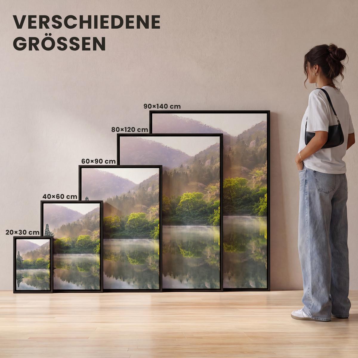 LEINWAND Bilder mit Rahmen - Natur - Bäume - Berge - See - Wasser - 40x60 - Hellgrün, Textil (40/60cm) - MuchoWow