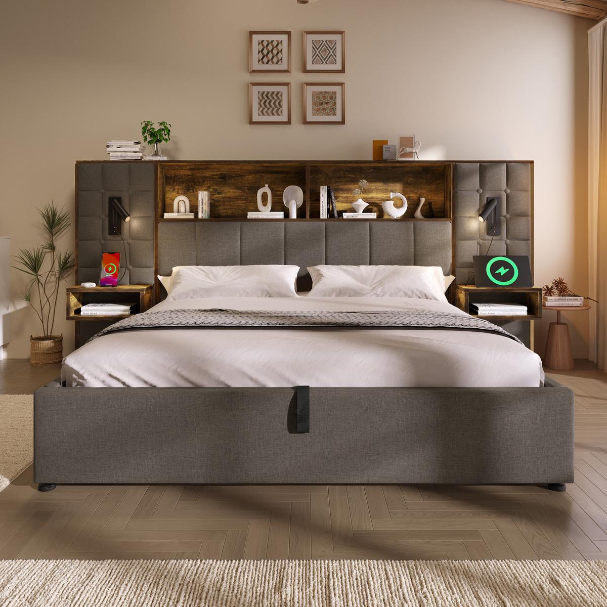 POLSTERBETT 160x200 mit Stauraum LED Nachttische USB Leinen - Grau, Textil (160/200cm) - Urban Meuble