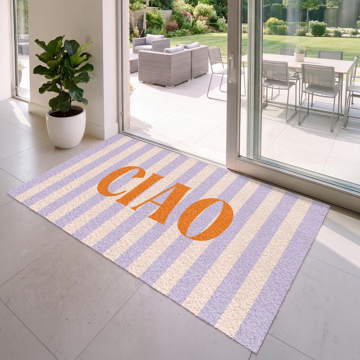 FUSSMATTE Ciao - Zitat - Pastell - Streifen Schmutzfangmatte 180x120 cm - Flieder, Kunststoff (180/0.4cm) - MuchoWow