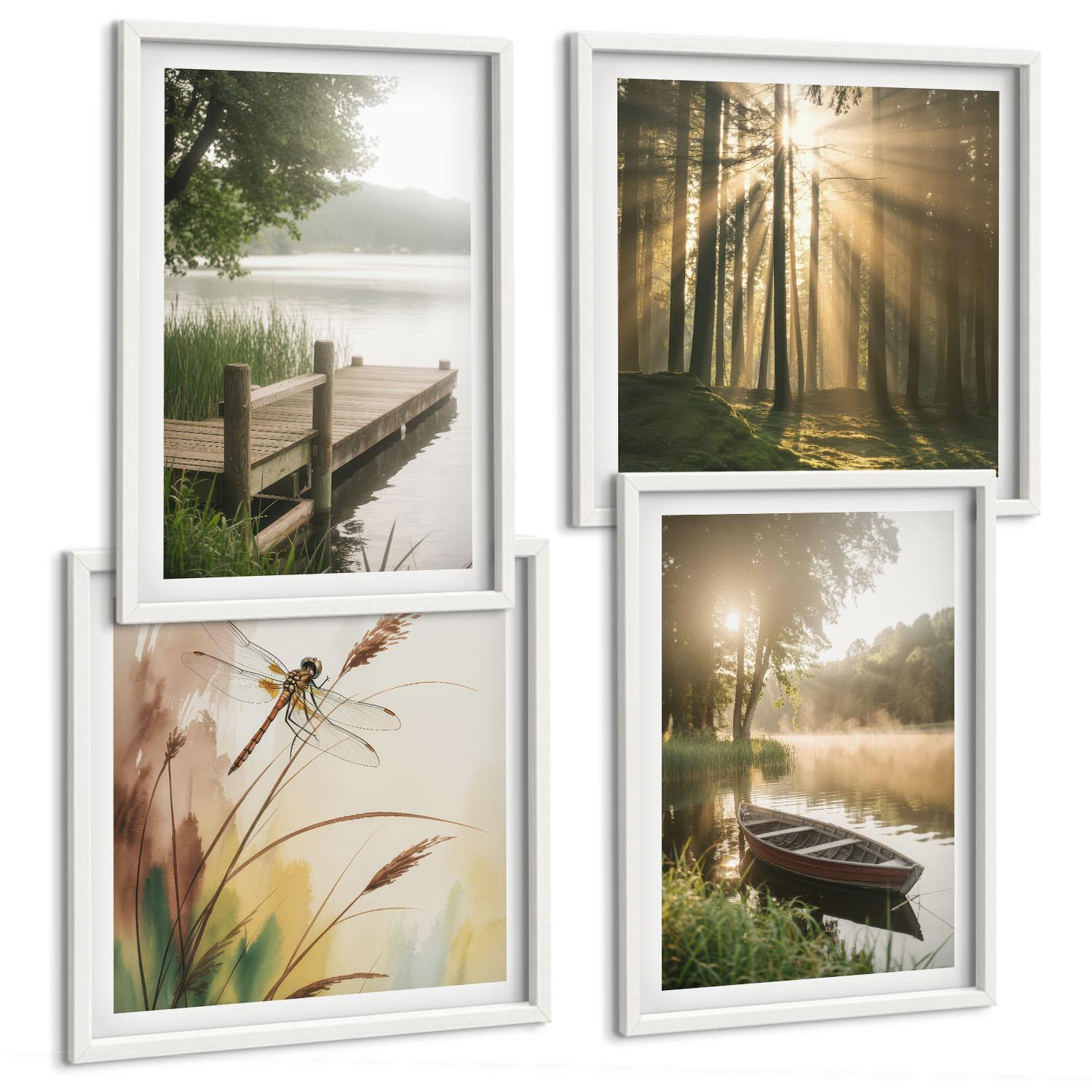 BILDER SET 4er Set - 50x50 cm & 40x60 cm Weißer Rahmen - See, Wald, Boot, Morgennebel - Weiß, Kunststoff (50/50cm) - TULUP