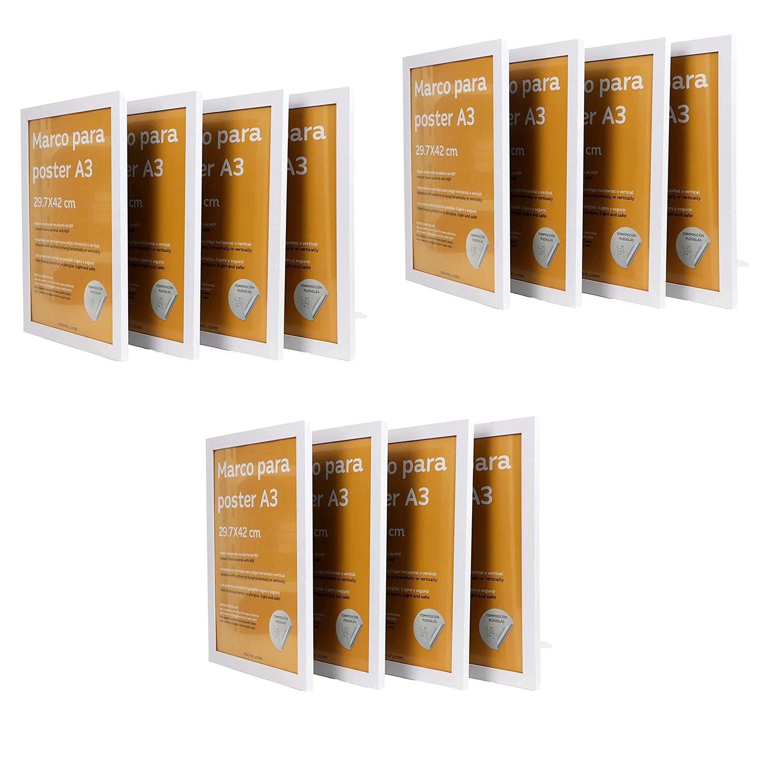 RAHMEN Set mit 12 aus MDF und Acrylglas Schutz und Aussteller für Fotografien, Bilder, Poster, Gemälde, Dekoration für Haus Farbe Weiß A3 - Weiß, Holz (29.7/3cm) - Nacnic