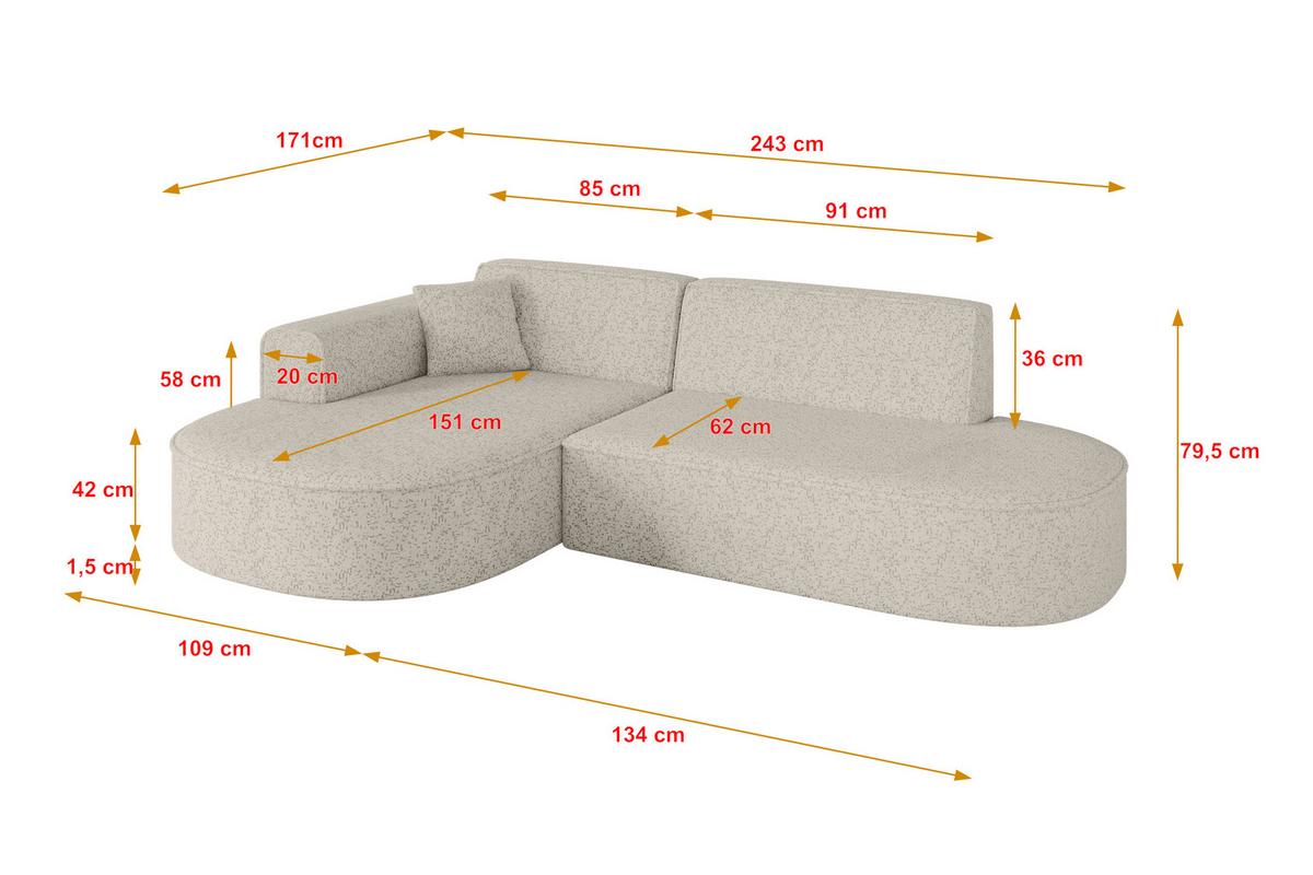 ECKSOFA Ottomane Links MARI-L1 - 243x171x79 cm Beige Tissu - Beige/Schwarz, Holzwerkstoff/Kunststoff (243/171cm) - ALTDECOR