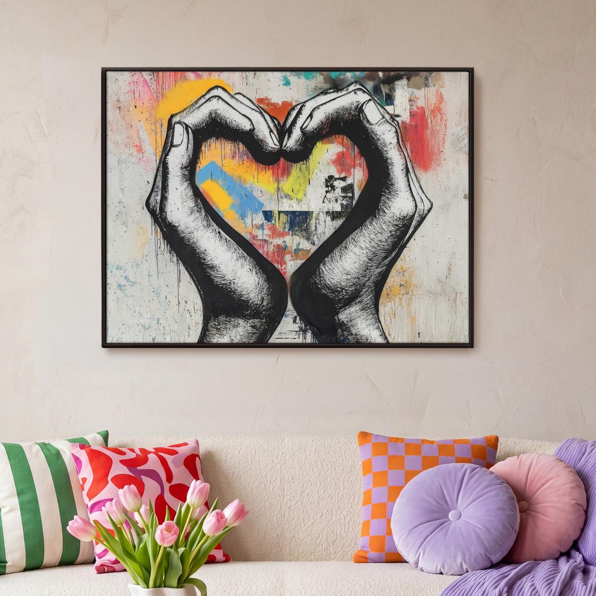 LEINWAND Bilder mit Rahmen - Hände - Herz - Straßenkunst - Graffiti - 100x70 - Multicolor, Textil (100/70cm) - MuchoWow
