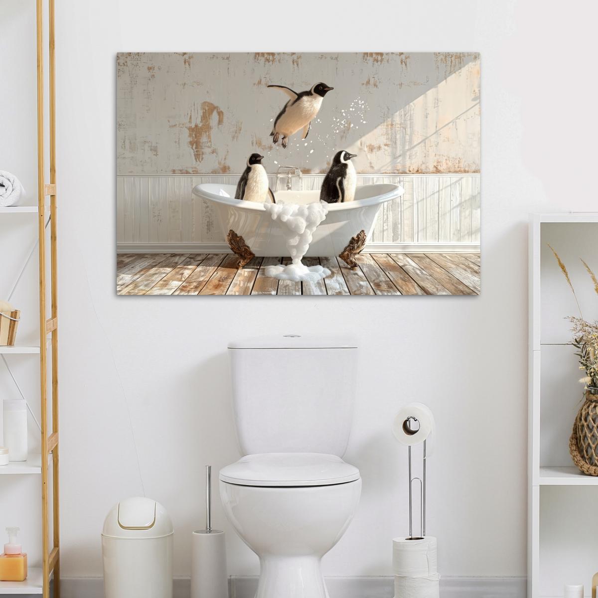 LEINWANDBILD Vintage - Pinguin - Badewanne - Schaumstoff Wohnzimmer Groß 120x80 cm - Schwarz, Textil (120/80cm) - MuchoWow