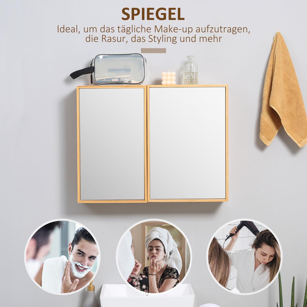SPIEGELSCHRANK mit 3 Innenböden, Doppeltür, Bambus, Natur, 65,2 x 14 x 50 cm - Naturfarben, Glas (65.2/50/14cm) - Kleankin