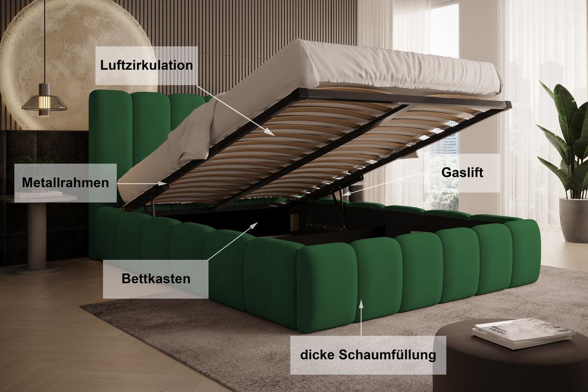 POLSTERBETT Vilo 180x200 mit Bettkasten und Stabilem Metallgestell - Grün, Textil (180/200cm) - Storez24
