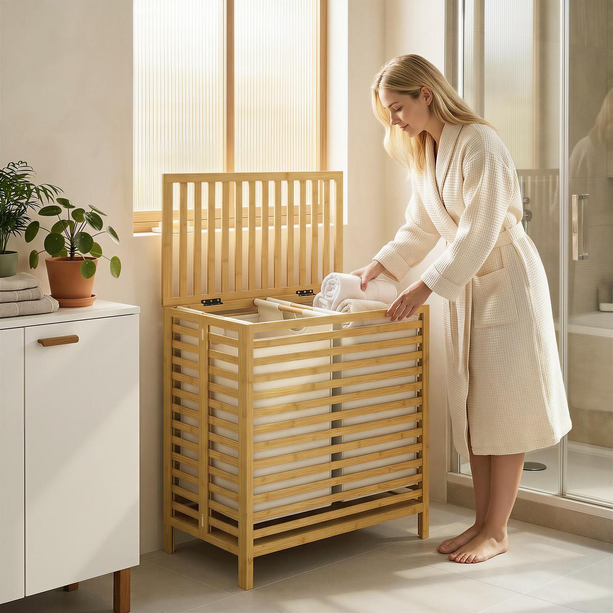 WÄSCHEKORB Bambus Polyester Naturholz Cremeweiß - Naturfarben, Holz/Bambusholz (36/64.2/55cm) - HOMCOM