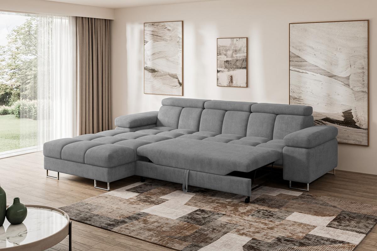 ECKSOFA mit Schlaffunktion Ottomane Links 271x203x79 Grau Velours - Grau, Holzwerkstoff/Textil (271/203cm) - ALTDECOR
