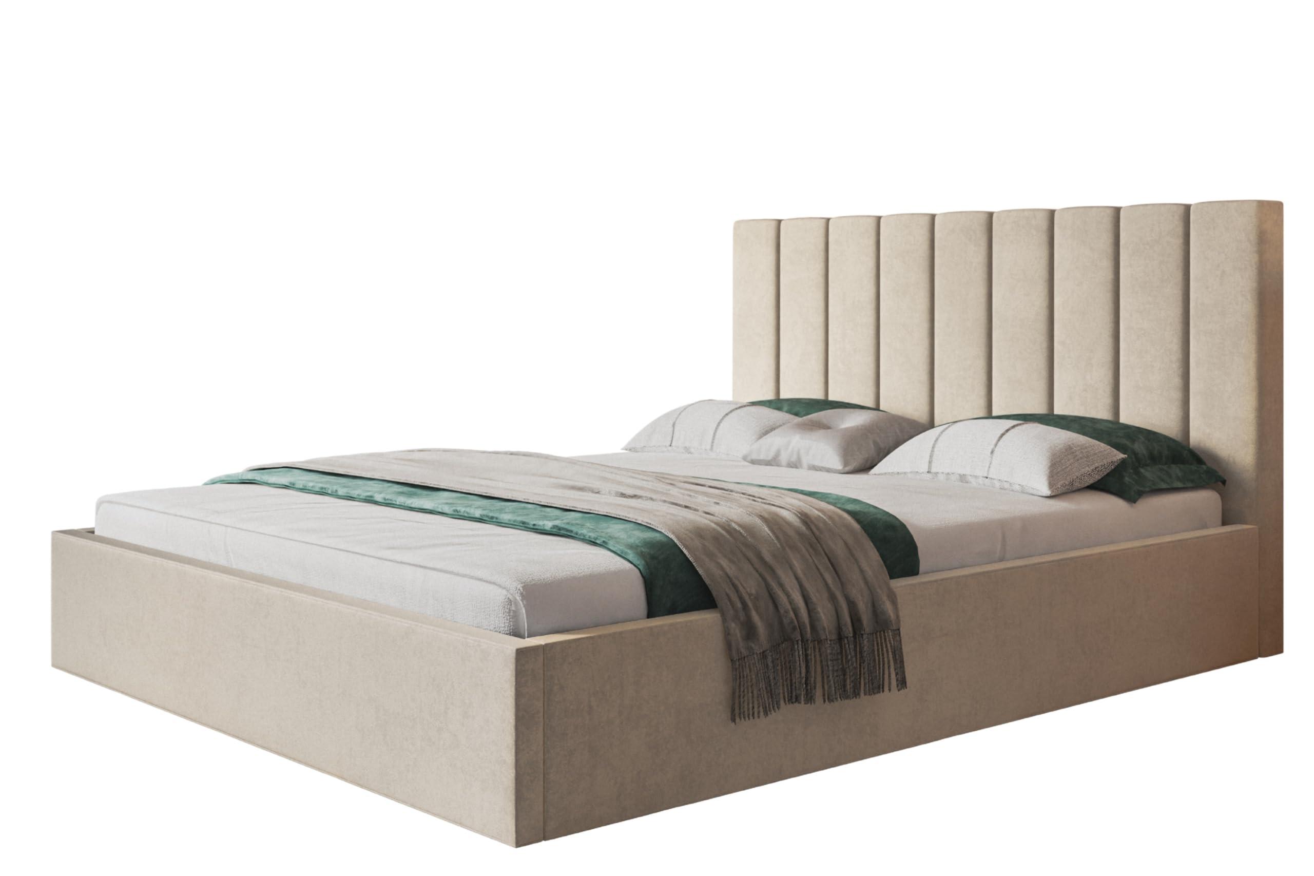 BETT 90x200 - Polsterbett mit Bettkasten und Holzrahmen - Modern Betten - Weicher Jasminstoff - Kollektion Sapporo - Beige - Beige, Holz/Textil (90/200cm) - Alpi-Möbel