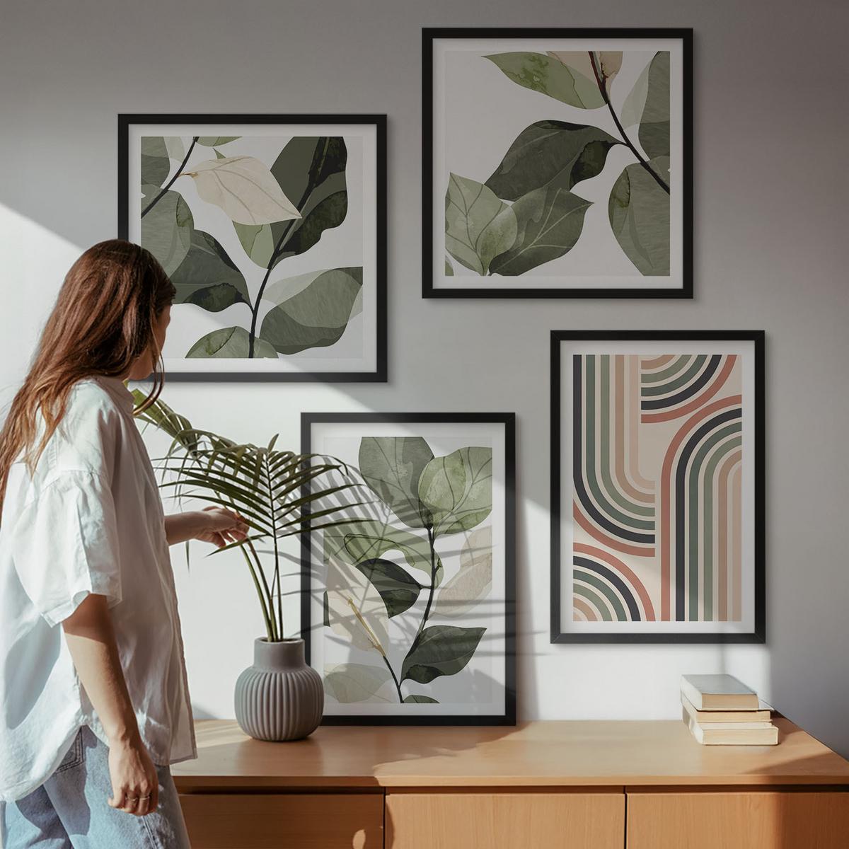 BILDER SET 4er Set - 50x50 cm & 40x60 cm Schwarzer Rahmen - Geometrische Pflanzenmotive - Schwarz, Kunststoff (50/50cm) - TULUP