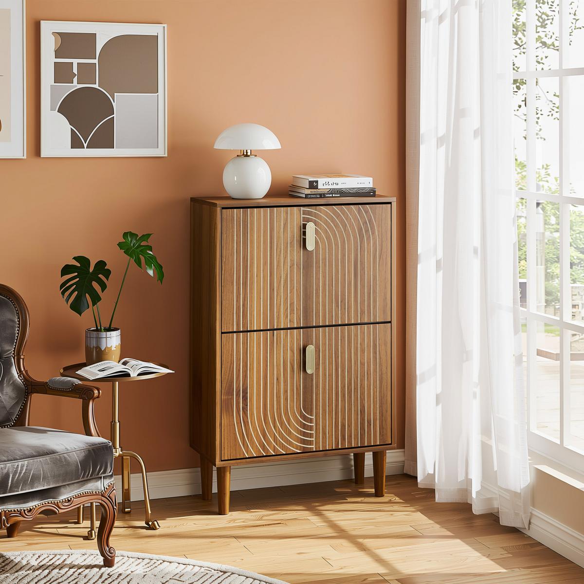 SCHUHSCHRANK 60 cm Braun mit 2 Klappfächern, Rillenfront und Metallgriff für Flur - Braun, Holzwerkstoff (60/96/24cm) - Urban Meuble