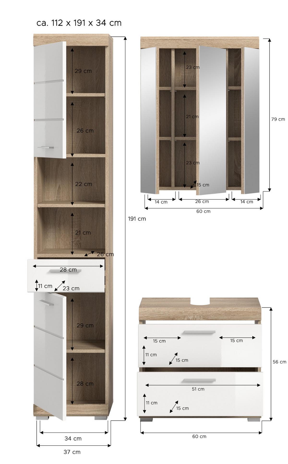 BADMÖBEL-SET weiß Hochglanz, Eiche 3-teilig 112 x 191 cm, viel Stauraum - Weiß Hochglanz/Eichefarben, Holzwerkstoff (112/191/37cm) - Inn.Furn
