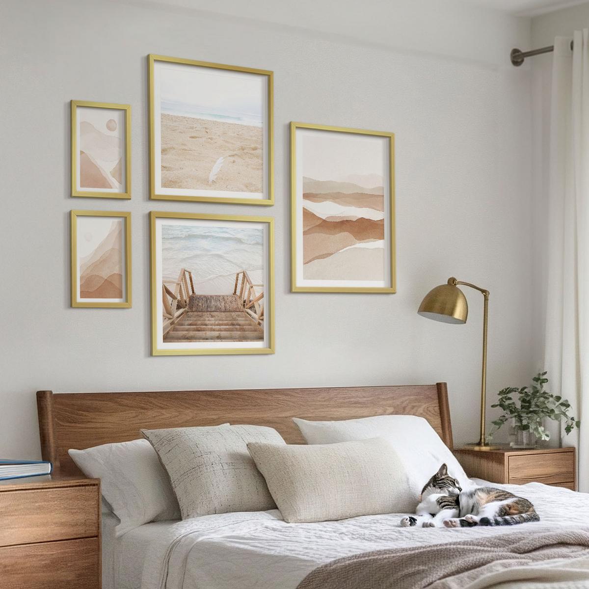 BILDER SET 5er Set - 50x50 cm & 20x30 cm & 40x60 cm Goldrahmen - Abstrakte braune Landschaften - Goldfarben, Kunststoff (40/60cm) - TULUP
