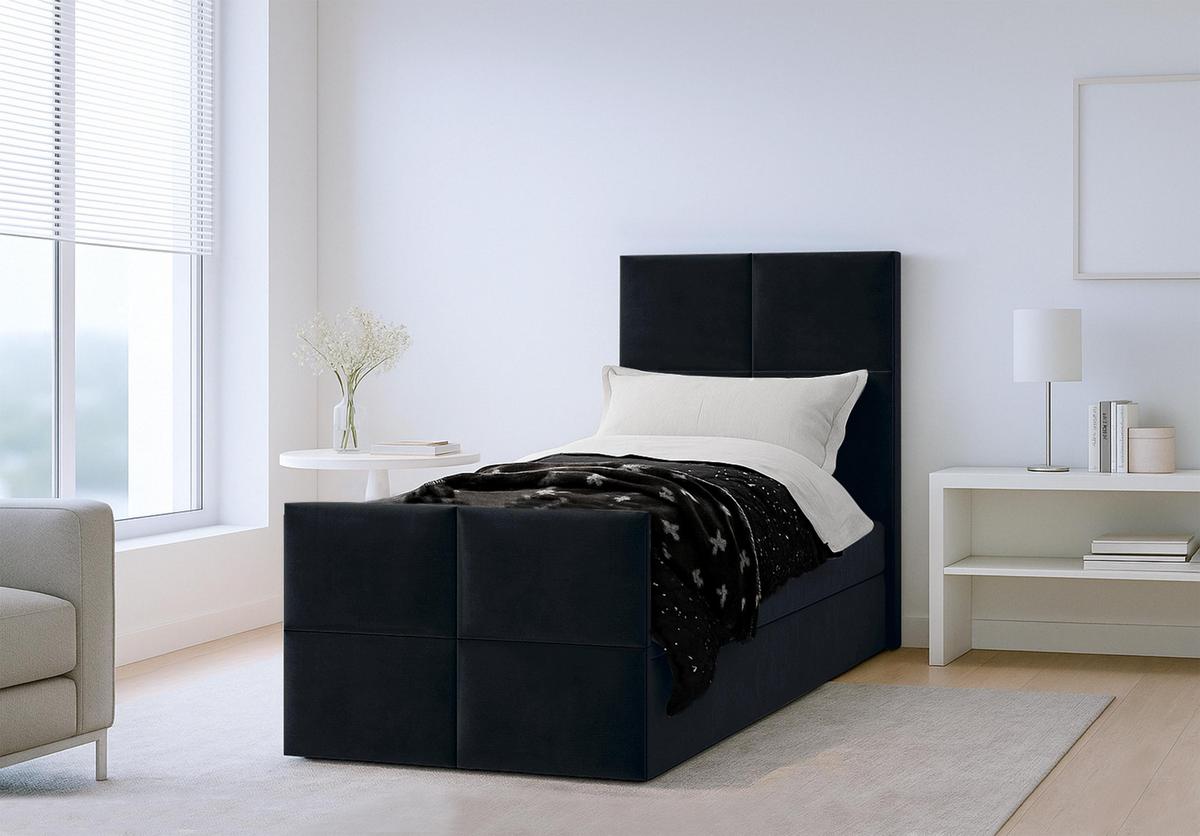 BOXBETT ALEYNA 120x200 cm mit Bettkasten und Matratze - Schwarz + TOPPER - Schwarz, Holz/Holzwerkstoff (120/200cm) - AX Living