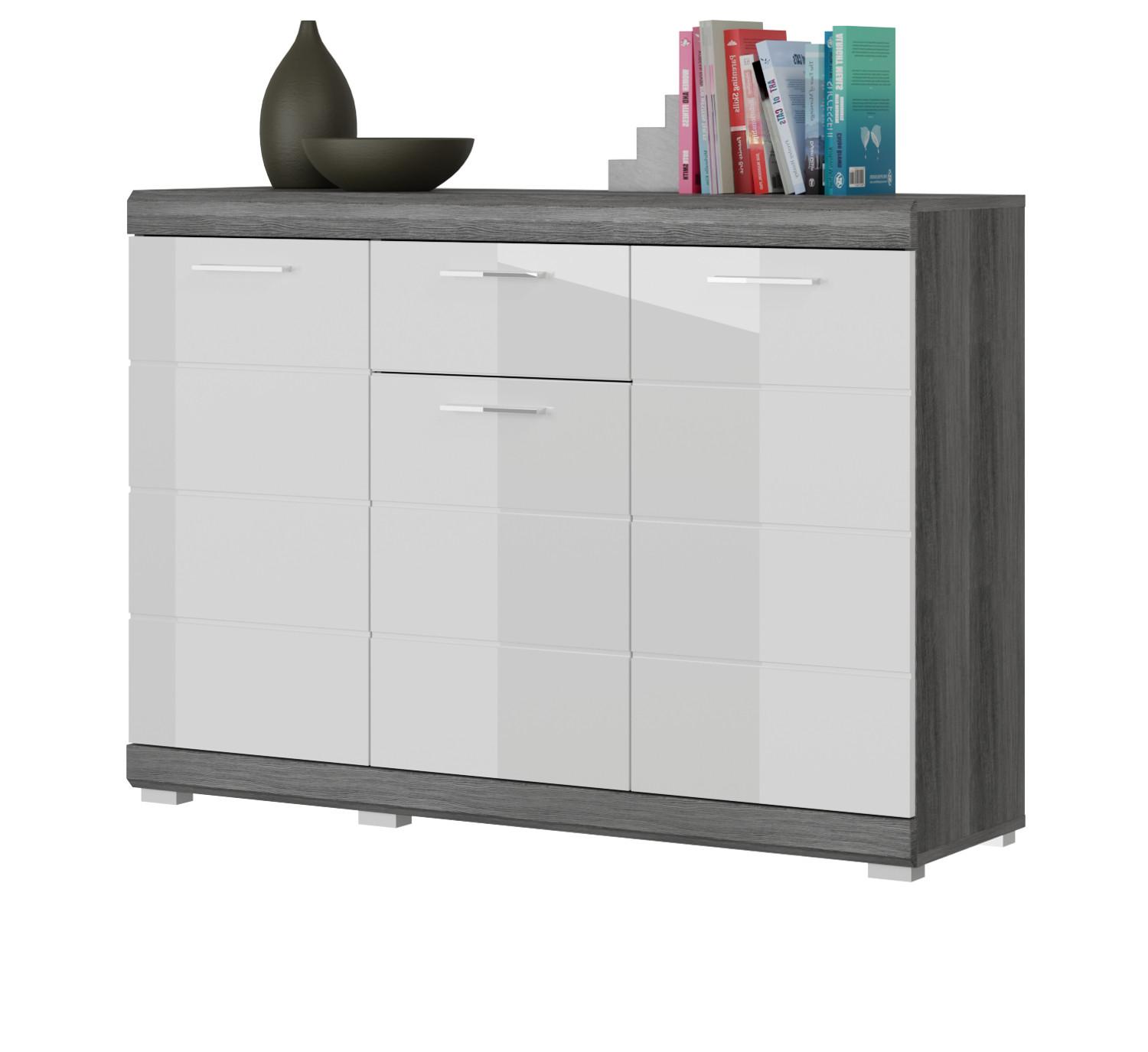 SIDEBOARD weiß Hochglanz, Rauchsilber grau 120 cm, Kommode mit 8 Fächern - Weiß Hochglanz/Silberfarben, Holzwerkstoff/Kunststoff (120/85/37cm) - Inn.Furn