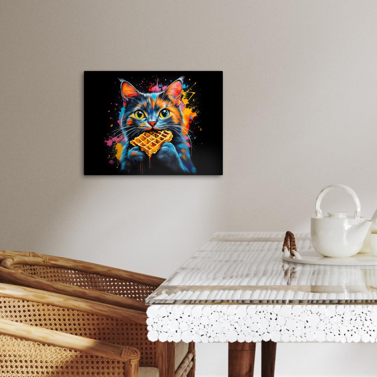 LEINWANDBILD Katze - Graffiti - Bunt - Waffel - Essen Wandbild 40x30 cm - Türkis, Textil (40/30cm) - MuchoWow