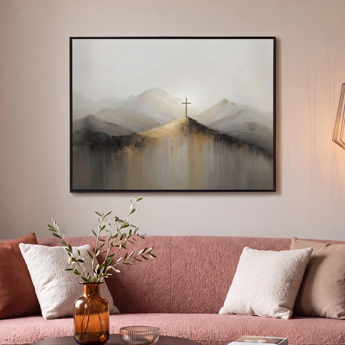 LEINWAND Bilder mit Rahmen - Hügel - Abstrakt - Kreuz - Christentum - 100x70 - Beige, Textil (100/70cm) - MuchoWow