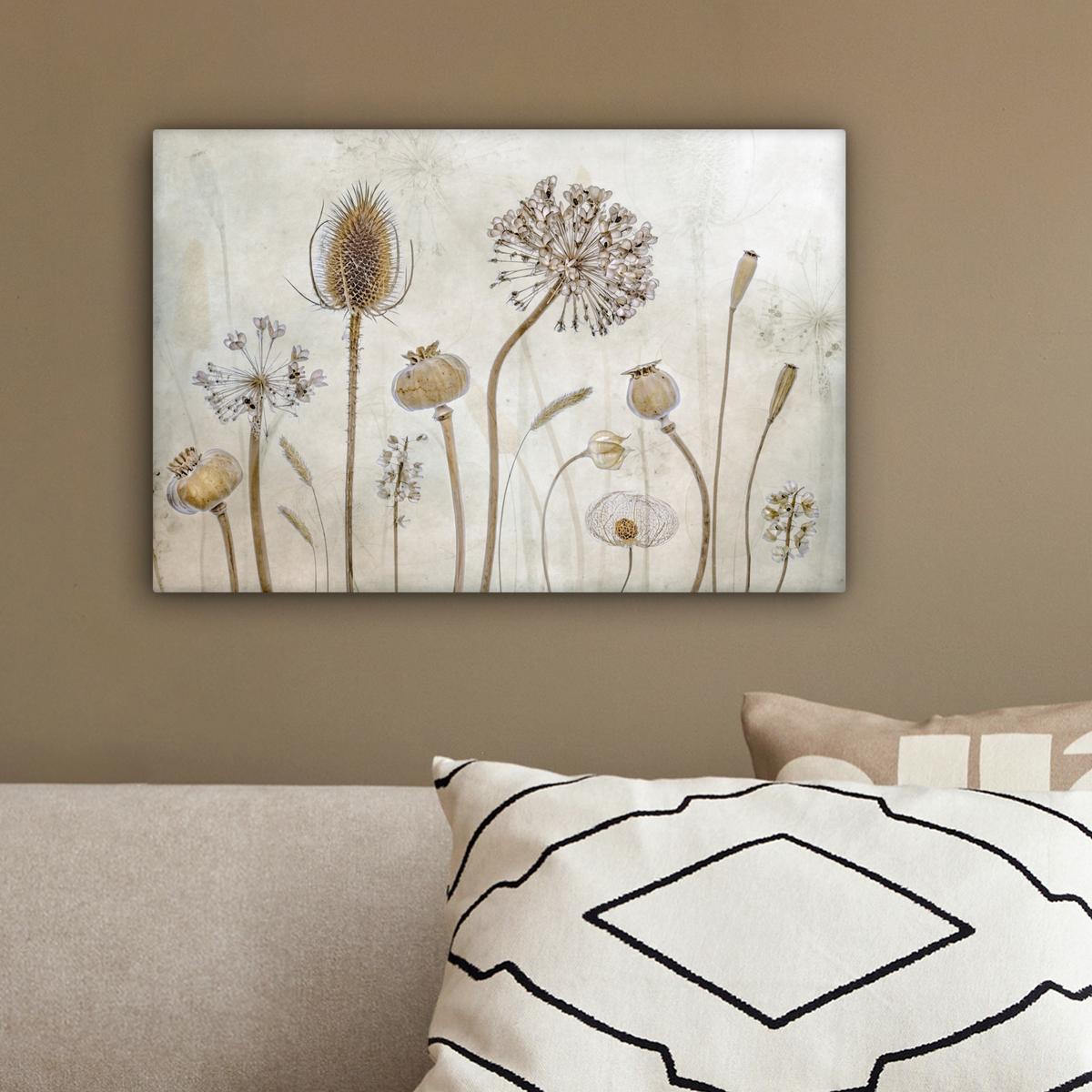 LEINWANDBILD Blumen - Aquarell - Stilleben - Braun - Vintage Deko Schlafzimmer 30x20 cm - Beige, Textil (30/20cm) - MuchoWow