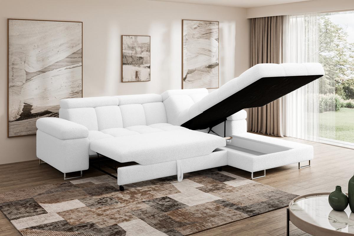 ECKSOFA mit Schlaffunktion Ottomane Rechts COMA L 271x203x79 Weiß Bouclé - Weiß, Holzwerkstoff/Textil (203/271cm) - ALTDECOR