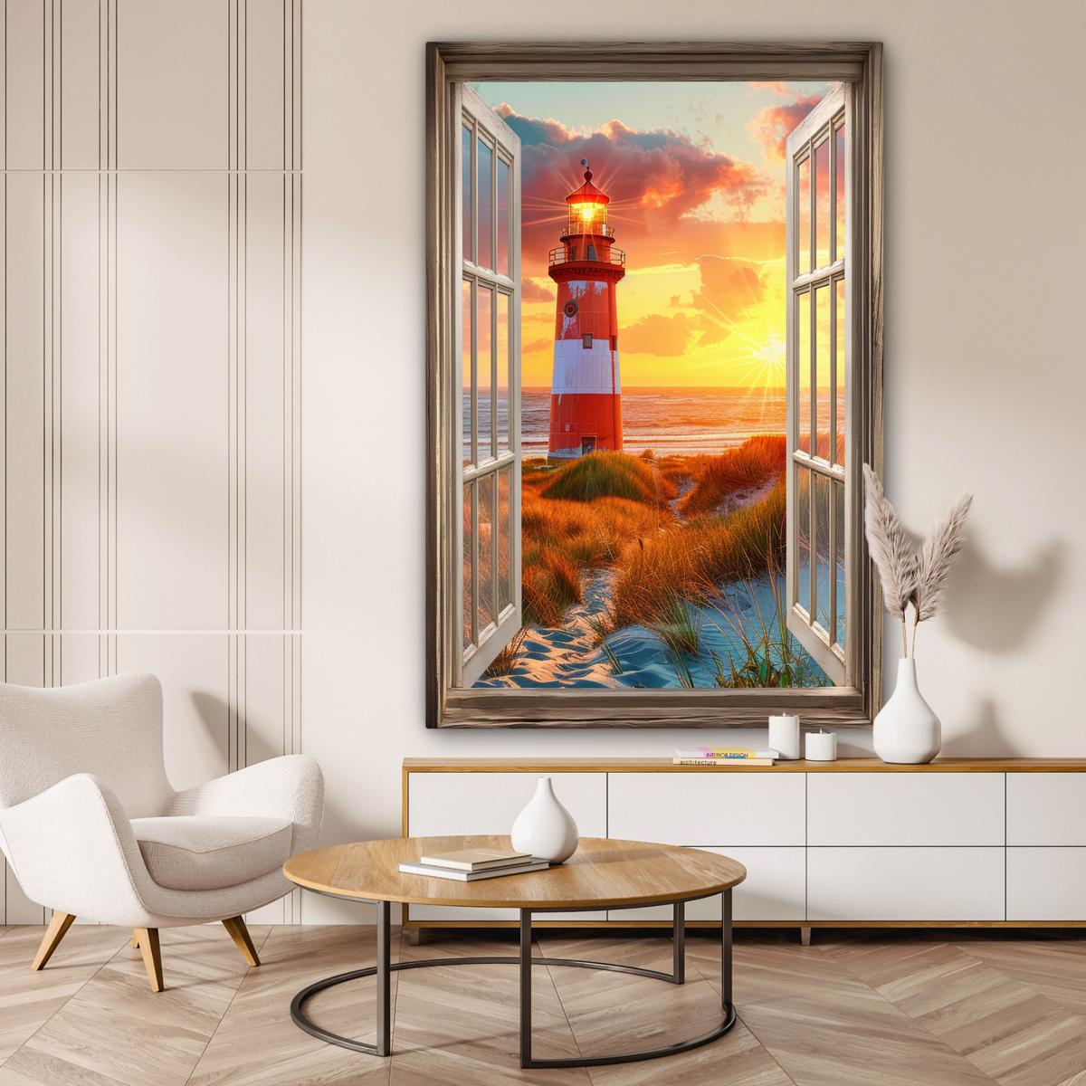 LEINWANDBILD Aussicht - Fenster - Leuchtturm - Sonnenuntergang - Strand Deko Groß 90x140 cm - Dunkelorange, Textil (90/140cm) - MuchoWow