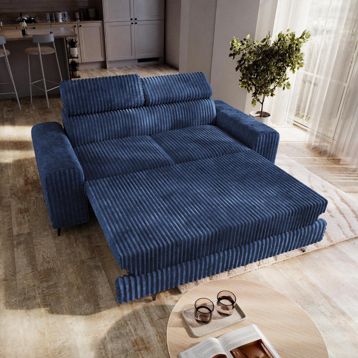 BETTSOFA BENETE Blau Cordstoff mit Schlaffunktion - Blau, Holz/Textil (191/89/92cm) - MASSENO