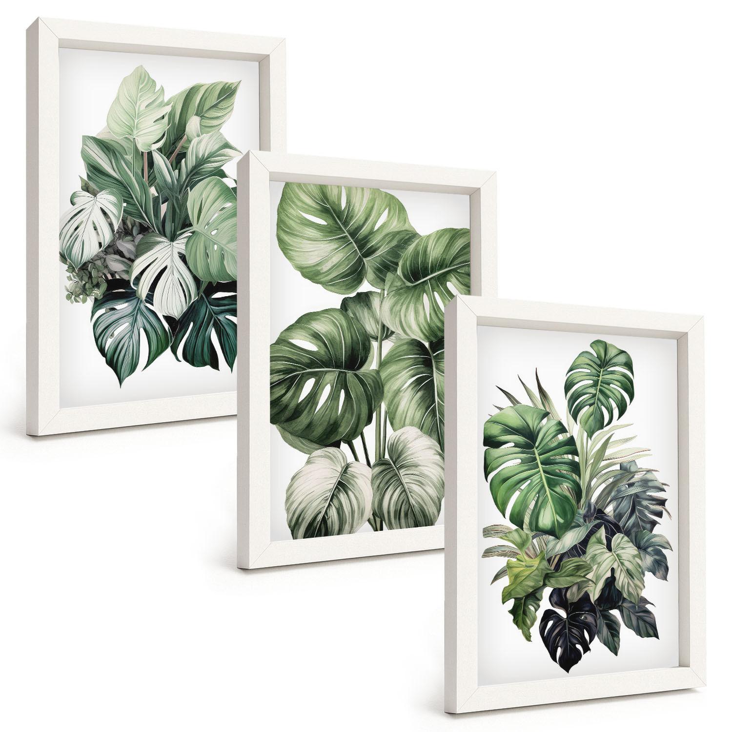 BILDER SET 3er Set - 20x30 cm Weißer Rahmen - Aquarell von grünen tropischen Blättern - Weiß, Kunststoff (20/30cm) - TULUP