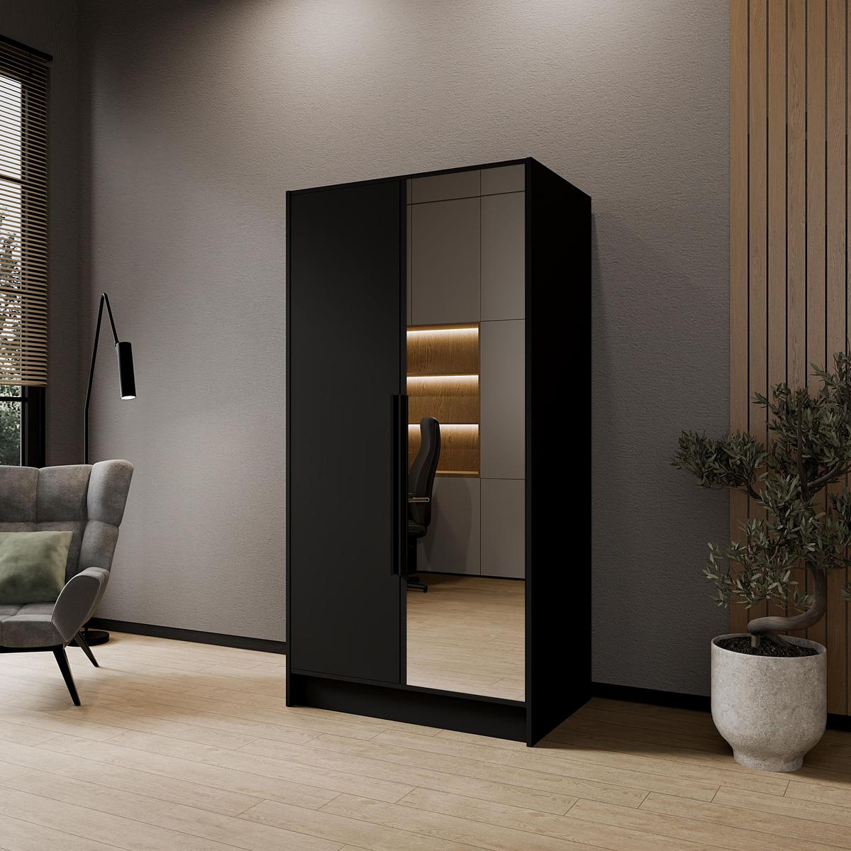 DREHTÜRENSCHRANK Laro mit Spiegel, Schwarz mit mit schwarzen Griffen, 100 cm - Schwarz, Holzwerkstoff (100/200/51cm) - Beautysofa
