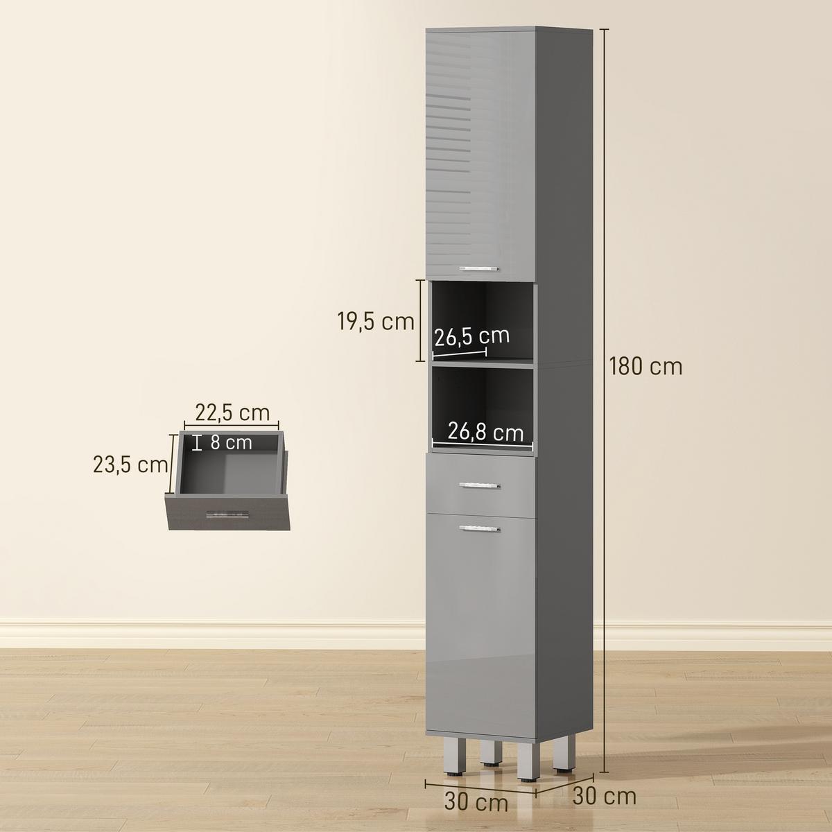 BADEZIMMERSCHRANK Spanplatte Grau - Alufarben/Grau, Holzwerkstoff/Kunststoff (30/180/30cm) - Kleankin