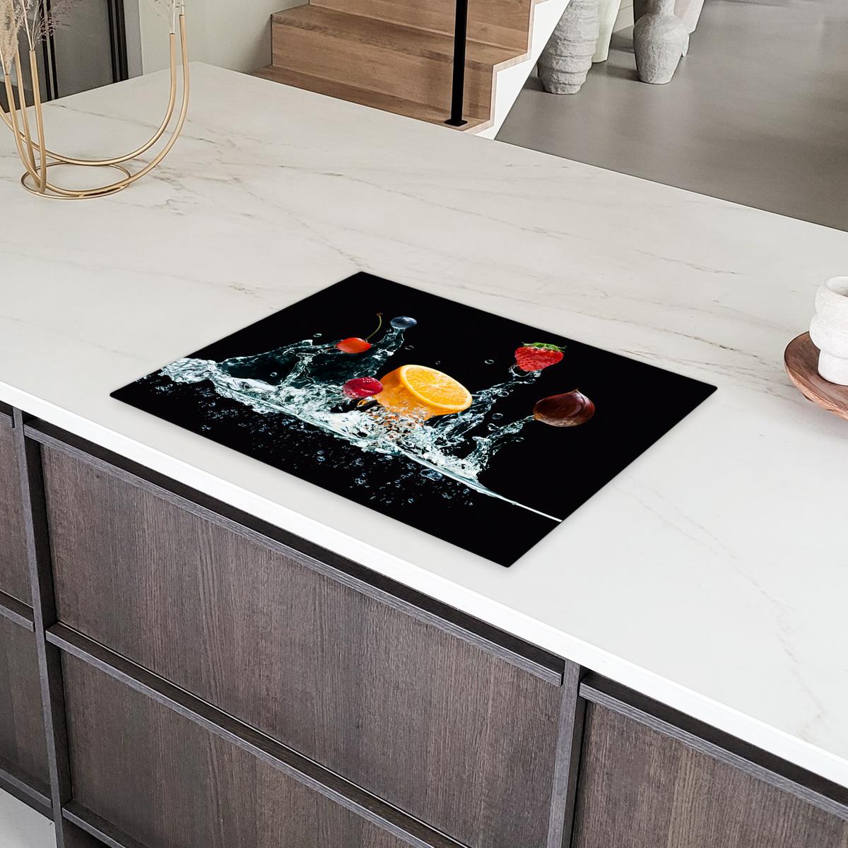 HERDABDECKPLATTE Wasser - Obst - Orange - Erdbeere - Kirsche - Schwarz Herdabdeckung Induktionsfeld 70x52 cm - Orange, Kunststoff (70/52/0.2cm) - MuchoWow