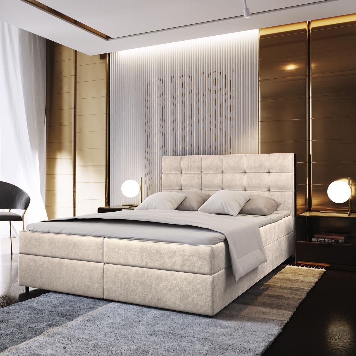BOXBETT GLOS M 160x200 cm mit Matratze und Topper, H2+H3 - Beige - Beige, Holz (160/200cm) - MASSENO