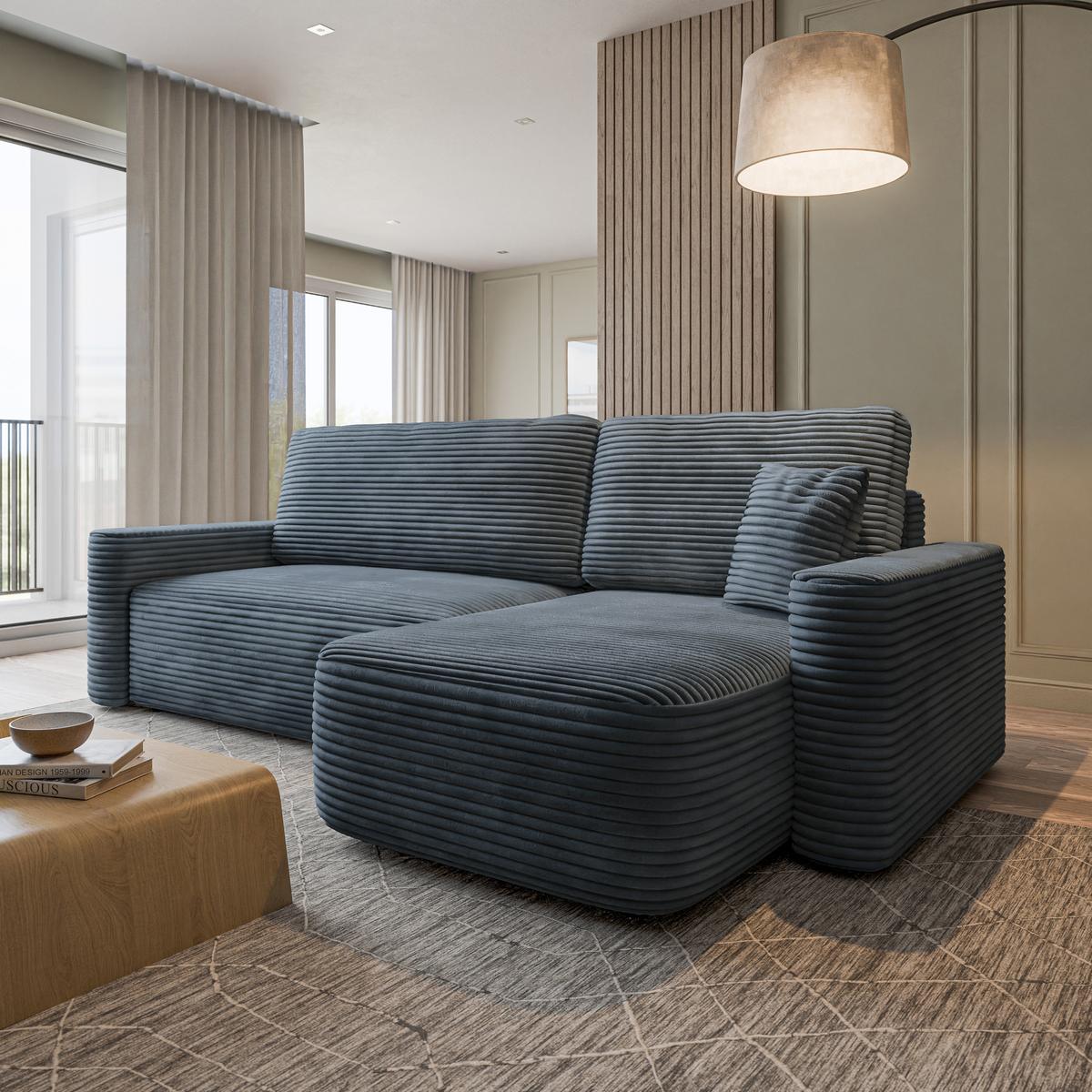 ECKSOFA NERI T Grau Kordstoff mit Schlaffunktion - Grau, Holzwerkstoff/Textil (280/157cm) - MASSENO