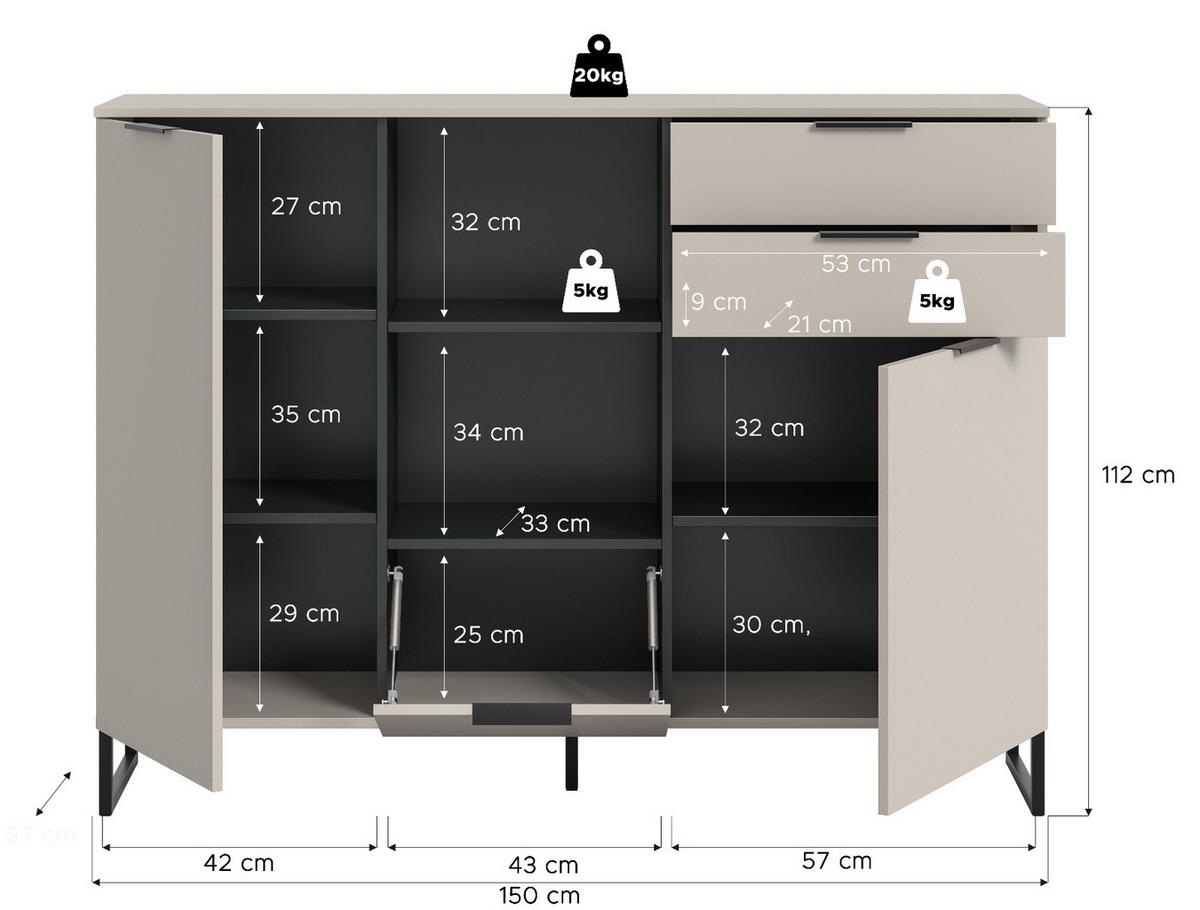 HIGHBOARD Kaschmir, Schwarz 150 x 112 cm, Kommode mit Soft-Close - Kaschmir/Schwarz, Holzwerkstoff/Kunststoff (150/150/37cm) - Inn.Furn