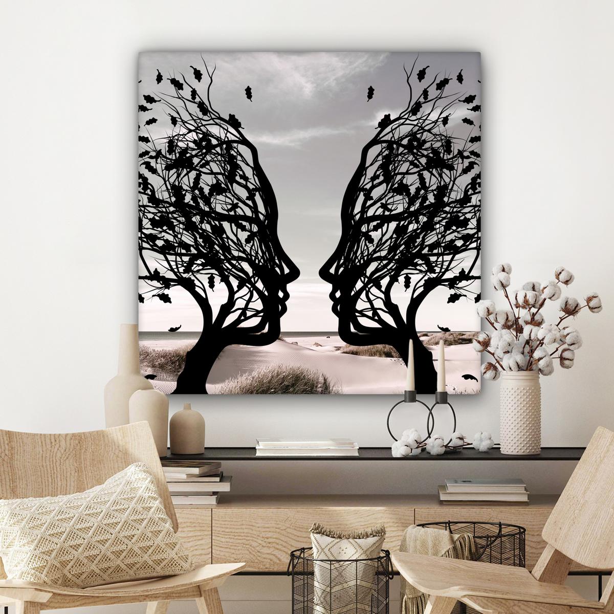 LEINWANDBILD Strand - Meer - Menschen - Baum - Moderne Kunst Deko Groß 90x90 cm - Hellgrau, Textil (90/90cm) - MuchoWow