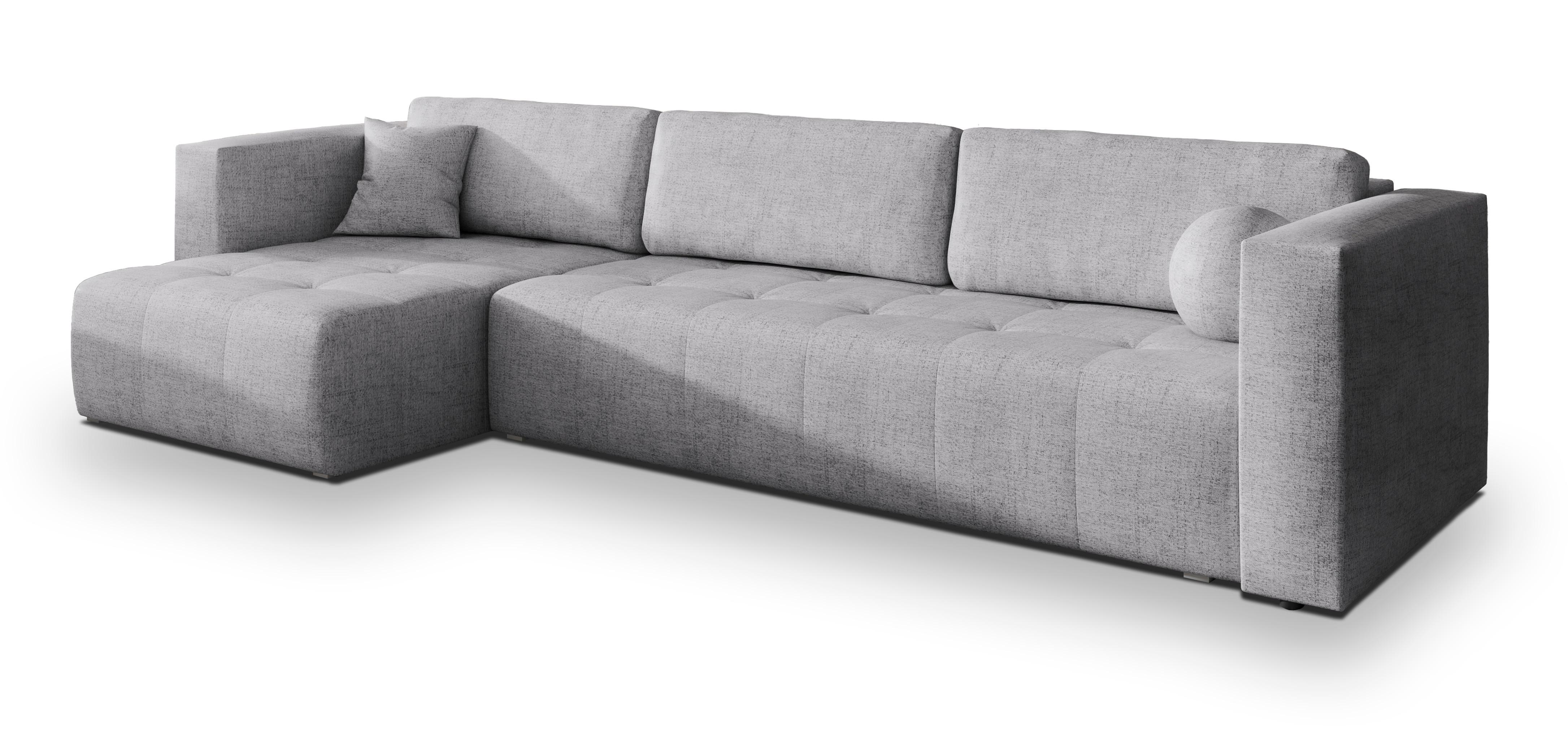 ECKSOFA OLVERA Hellgrau Geflochtener Stoff mit Schlaffunktion - Hellgrau, Holz (347/148cm) - MASSENO
