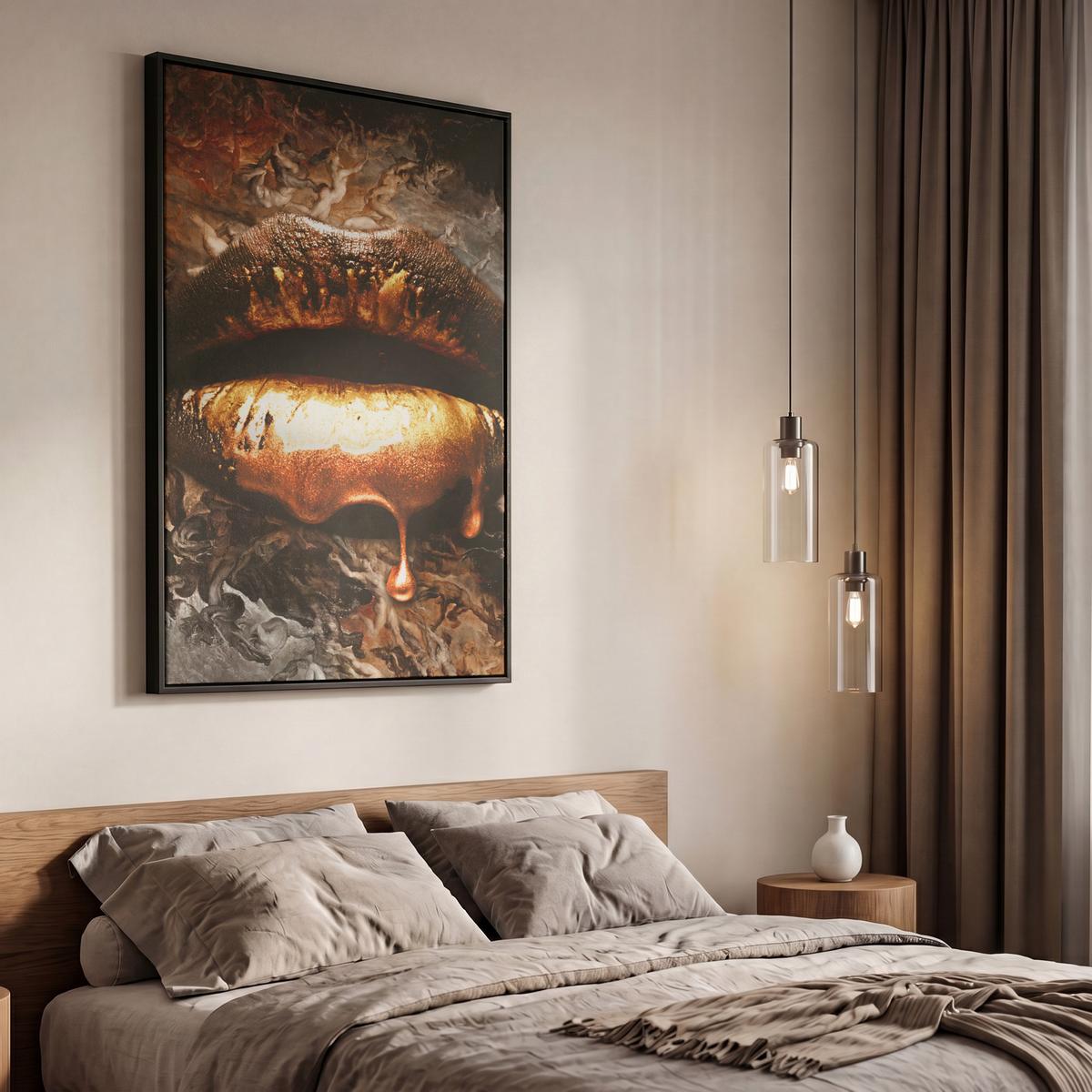 LEINWAND Bilder mit Rahmen - Gold - Lippen - Kunst - Gold - Luxus - Abstrakt - 60x90 - Kupferfarben, Textil (60/90cm) - MuchoWow