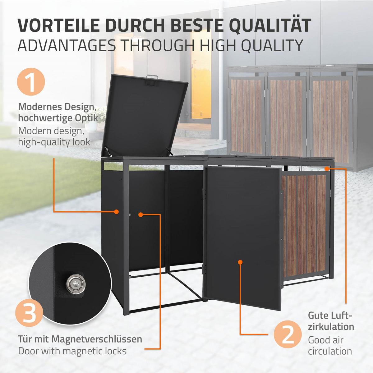 MÜLLTONNENBOX 3er 240L 196x80x120 cm Anthrazit-Eiche dunkel aus Stahl - Dunkelbraun, Metall (80/120/196cm) - ML-DESIGN