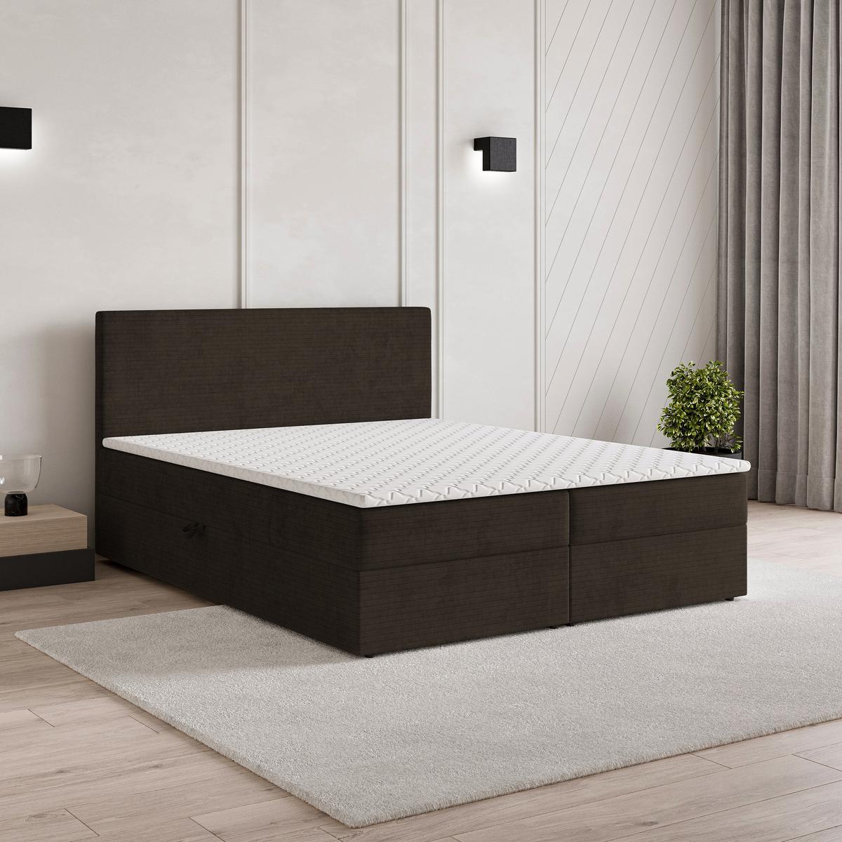 BOXBETT NIRA 200x200 cm mit Matratze und Topper, H2+H3 - Braun - Braun, Holz (200/200cm) - MASSENO