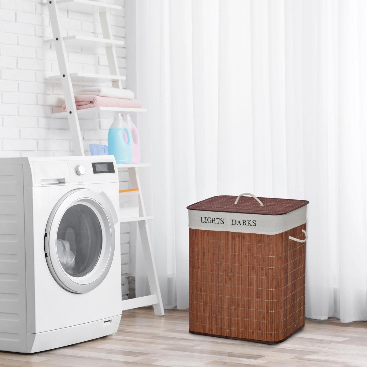 WÄSCHEKORB, Bambus, Polyester Braun+Weiß - Braun, Naturmaterialien (32/63/52cm) - HOMCOM